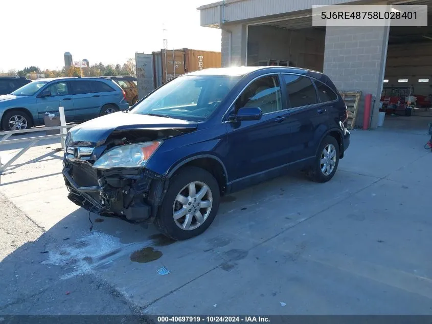 2008 Honda Cr-V Ex-L VIN: 5J6RE48758L028401 Lot: 40697919