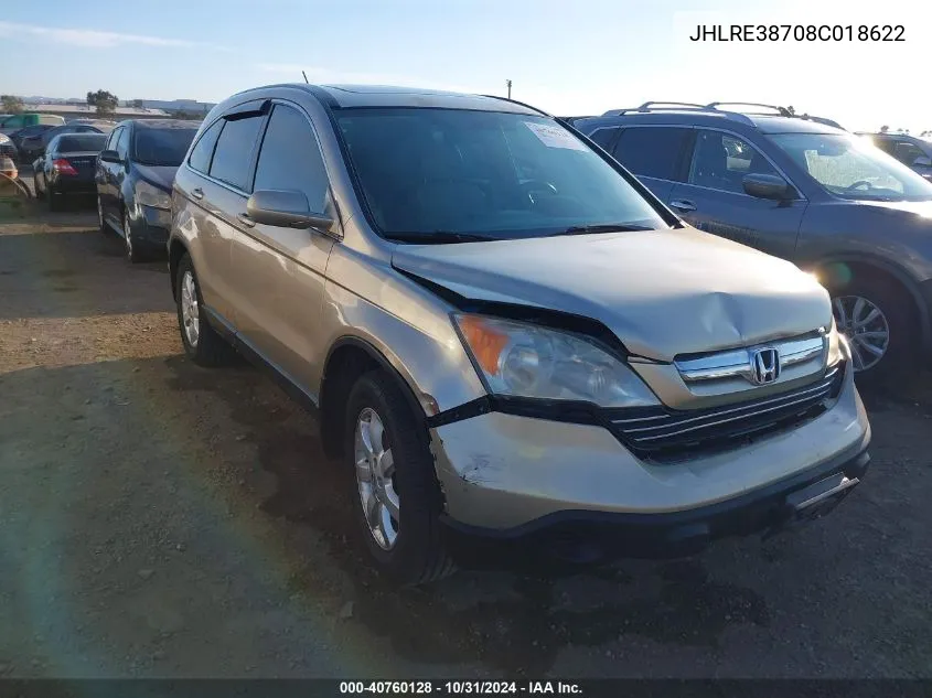 2008 Honda Cr-V Ex-L VIN: JHLRE38708C018622 Lot: 40760128