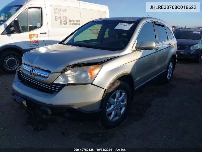 2008 Honda Cr-V Ex-L VIN: JHLRE38708C018622 Lot: 40760128