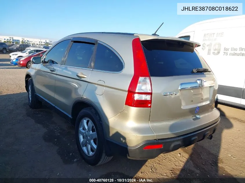 2008 Honda Cr-V Ex-L VIN: JHLRE38708C018622 Lot: 40760128