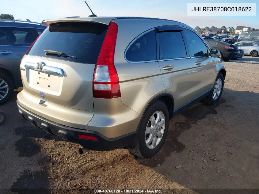 2008 Honda Cr-V Ex-L VIN: JHLRE38708C018622 Lot: 40760128