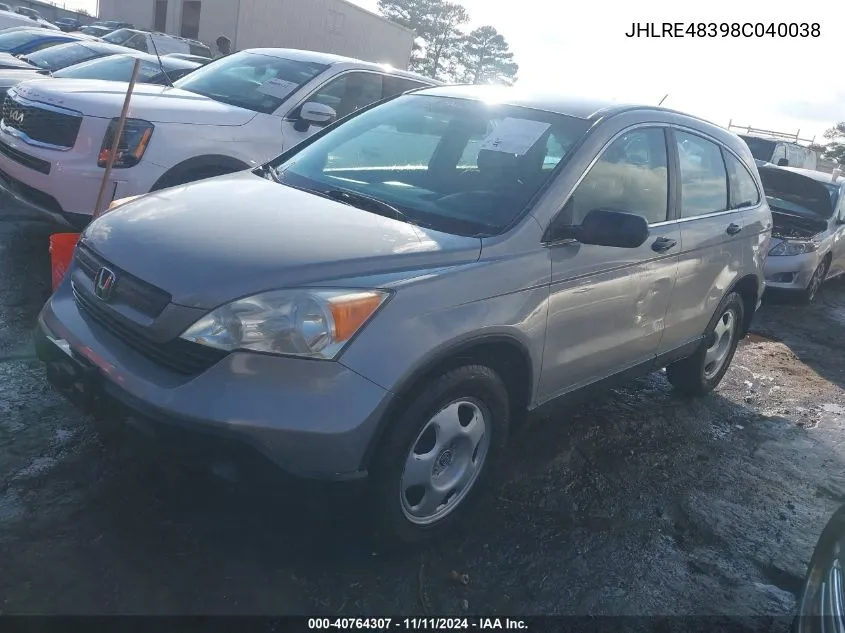 2008 Honda Cr-V Lx VIN: JHLRE48398C040038 Lot: 40764307