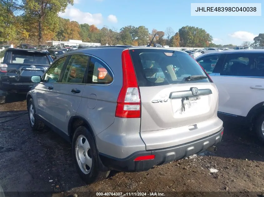 2008 Honda Cr-V Lx VIN: JHLRE48398C040038 Lot: 40764307