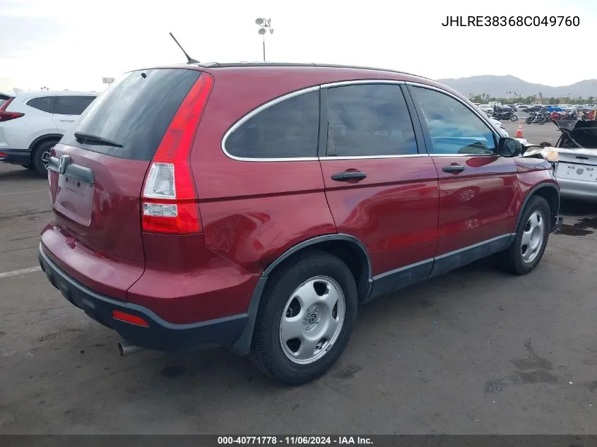 2008 Honda Cr-V Lx VIN: JHLRE38368C049760 Lot: 40771778