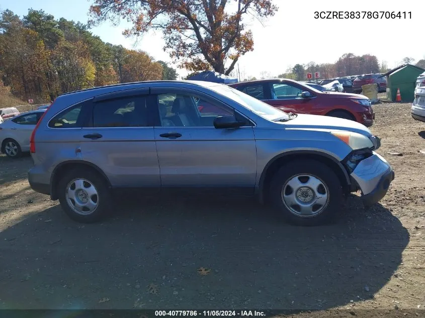 2008 Honda Cr-V Lx VIN: 3CZRE38378G706411 Lot: 40779786