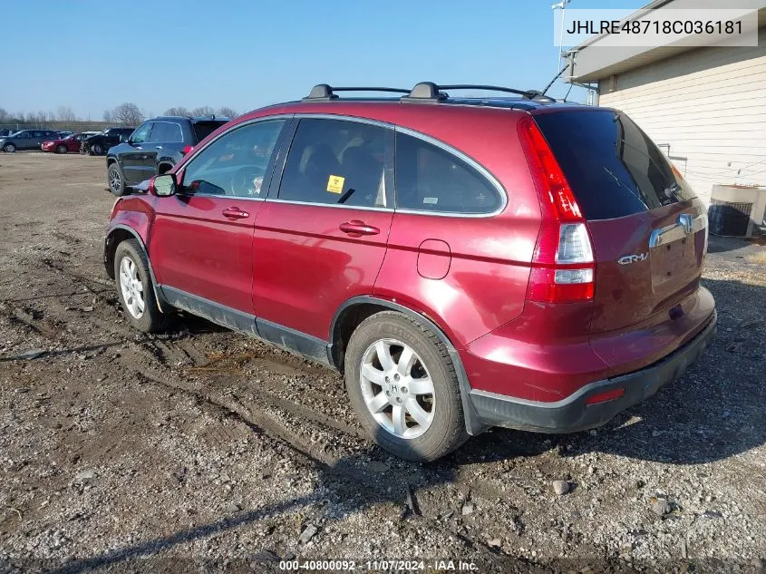 2008 Honda Cr-V Ex-L VIN: JHLRE48718C036181 Lot: 40800092