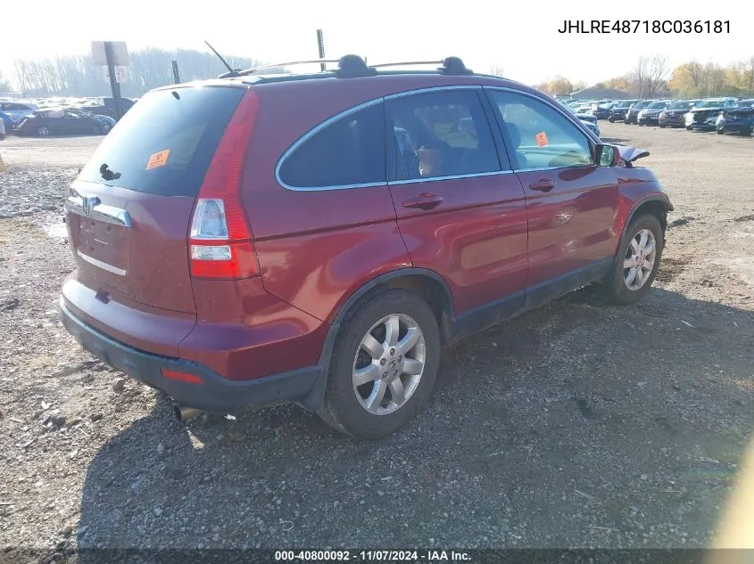 2008 Honda Cr-V Ex-L VIN: JHLRE48718C036181 Lot: 40800092