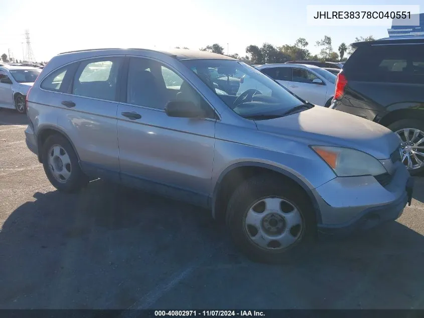 2008 Honda Cr-V Lx VIN: JHLRE38378C040551 Lot: 40802971