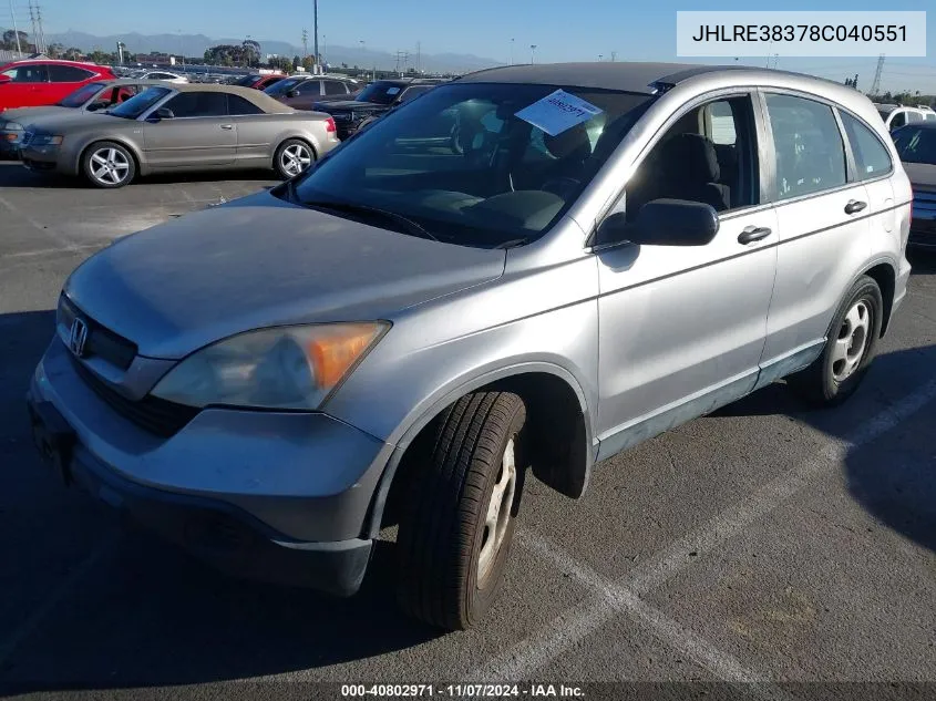 2008 Honda Cr-V Lx VIN: JHLRE38378C040551 Lot: 40802971