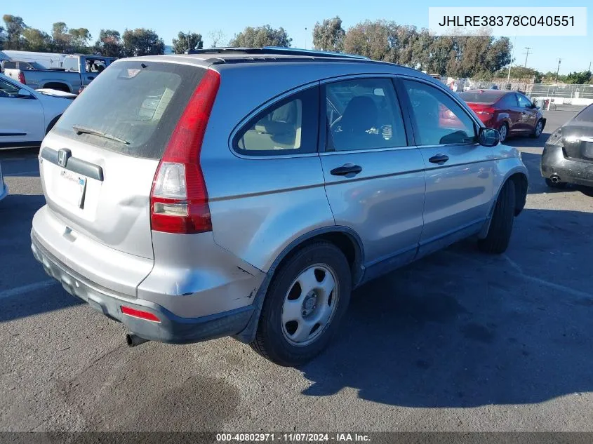 2008 Honda Cr-V Lx VIN: JHLRE38378C040551 Lot: 40802971