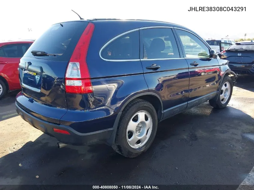 2008 Honda Cr-V Lx VIN: JHLRE38308C043291 Lot: 40808050