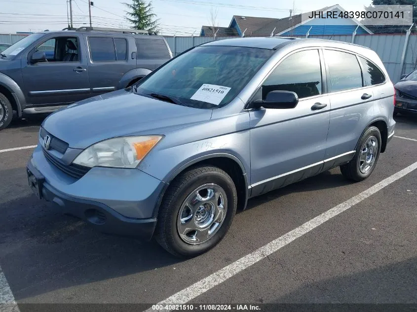 2008 Honda Cr-V Lx VIN: JHLRE48398C070141 Lot: 40821510