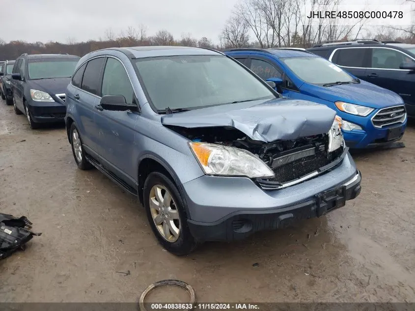 2008 Honda Cr-V Ex VIN: JHLRE48508C000478 Lot: 40838633