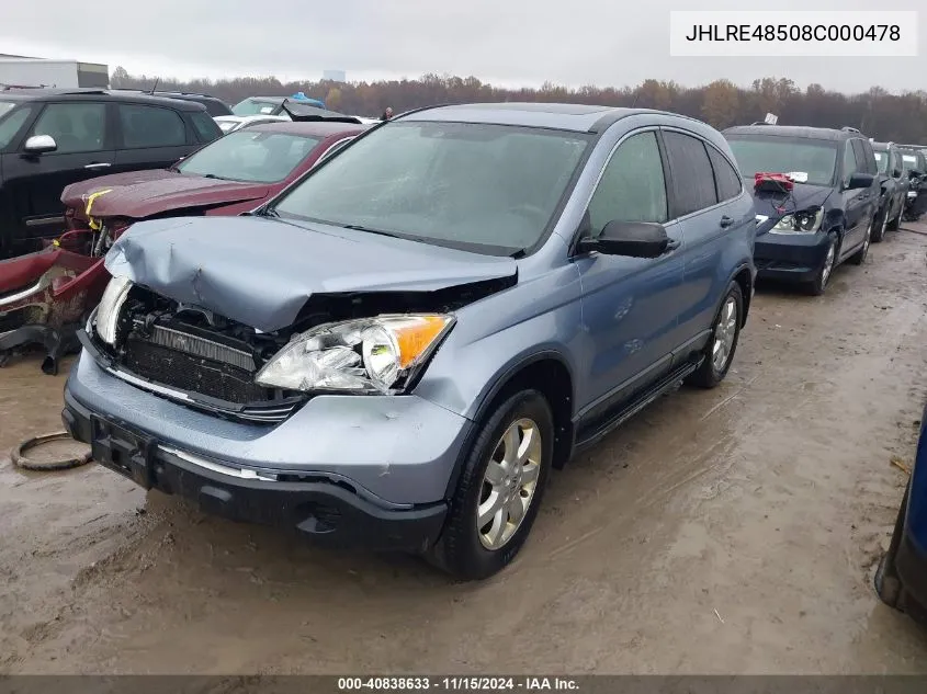 2008 Honda Cr-V Ex VIN: JHLRE48508C000478 Lot: 40838633