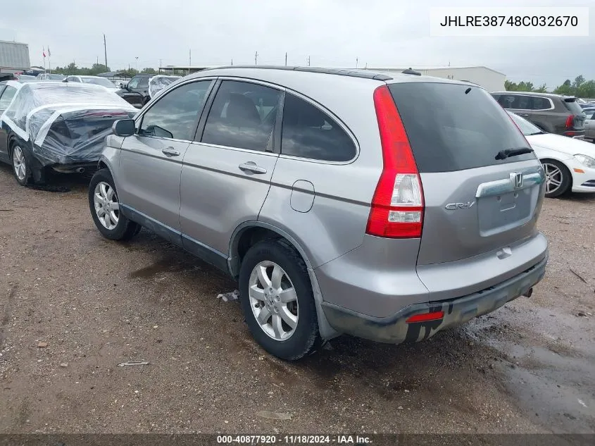 2008 Honda Cr-V Exl VIN: JHLRE38748C032670 Lot: 40877920