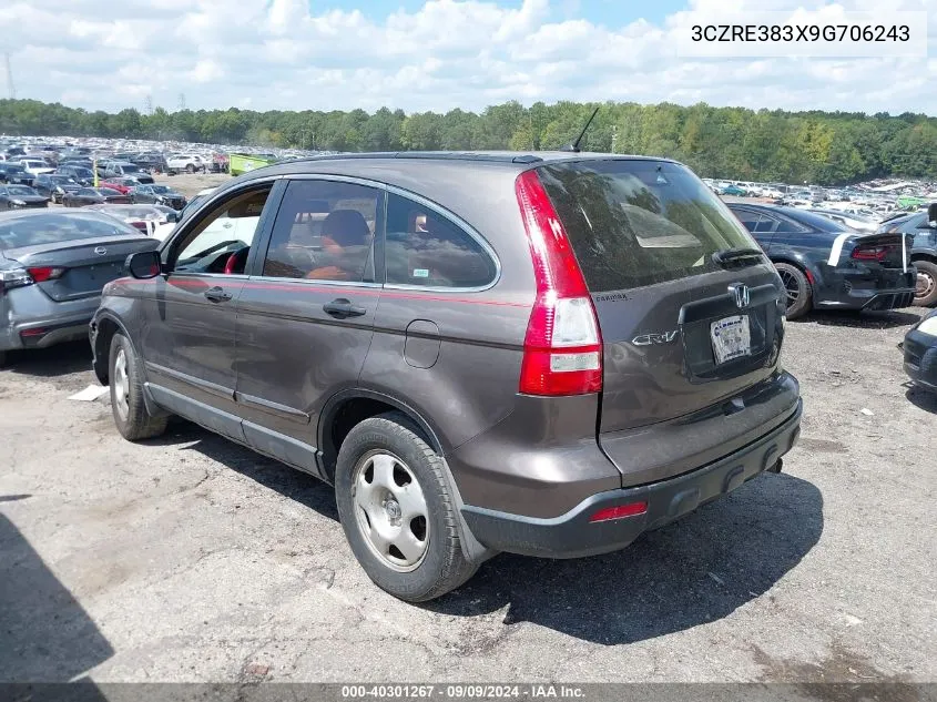 2009 Honda Cr-V Lx VIN: 3CZRE383X9G706243 Lot: 40301267