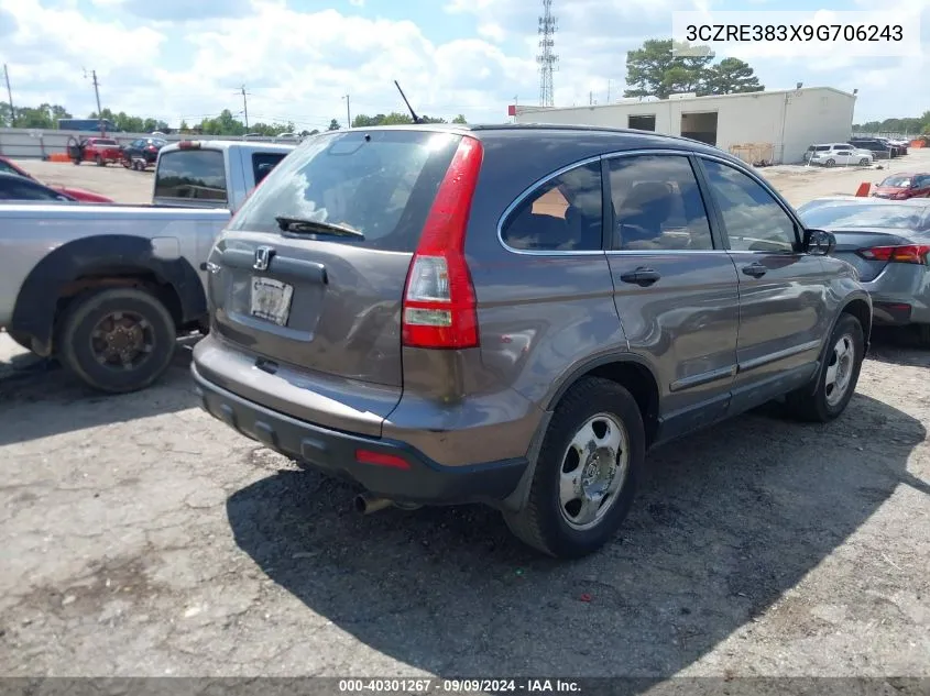 2009 Honda Cr-V Lx VIN: 3CZRE383X9G706243 Lot: 40301267