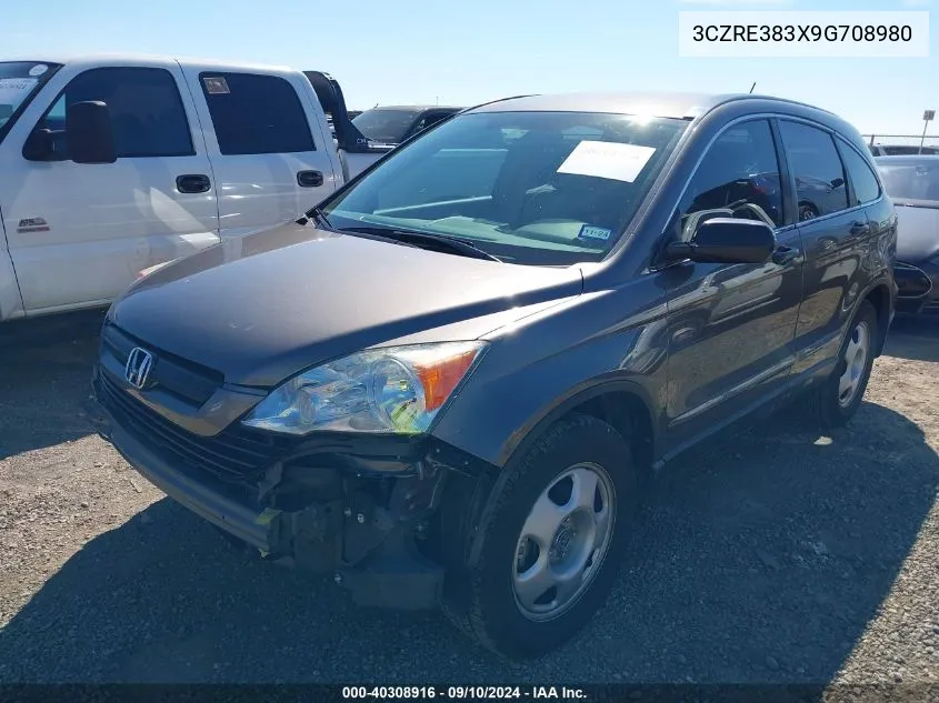 2009 Honda Cr-V Lx VIN: 3CZRE383X9G708980 Lot: 40308916