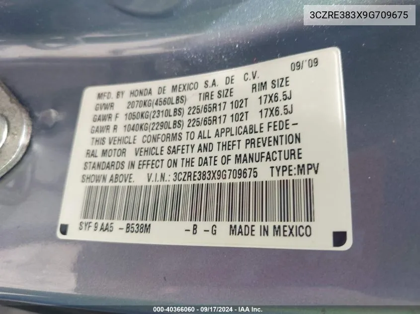 3CZRE383X9G709675 2009 Honda Cr-V Lx