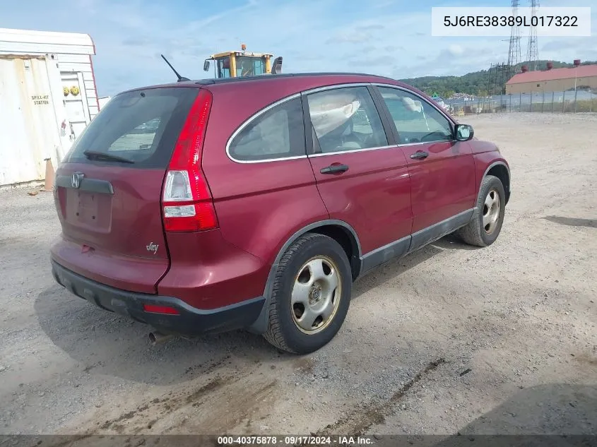 2009 Honda Cr-V Lx VIN: 5J6RE38389L017322 Lot: 40375878