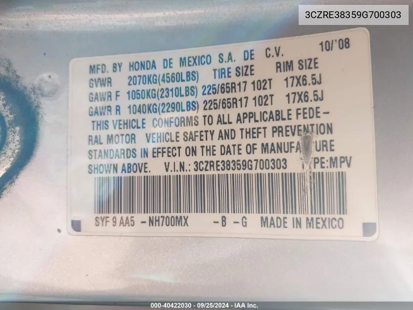 3CZRE38359G700303 2009 Honda Cr-V Lx