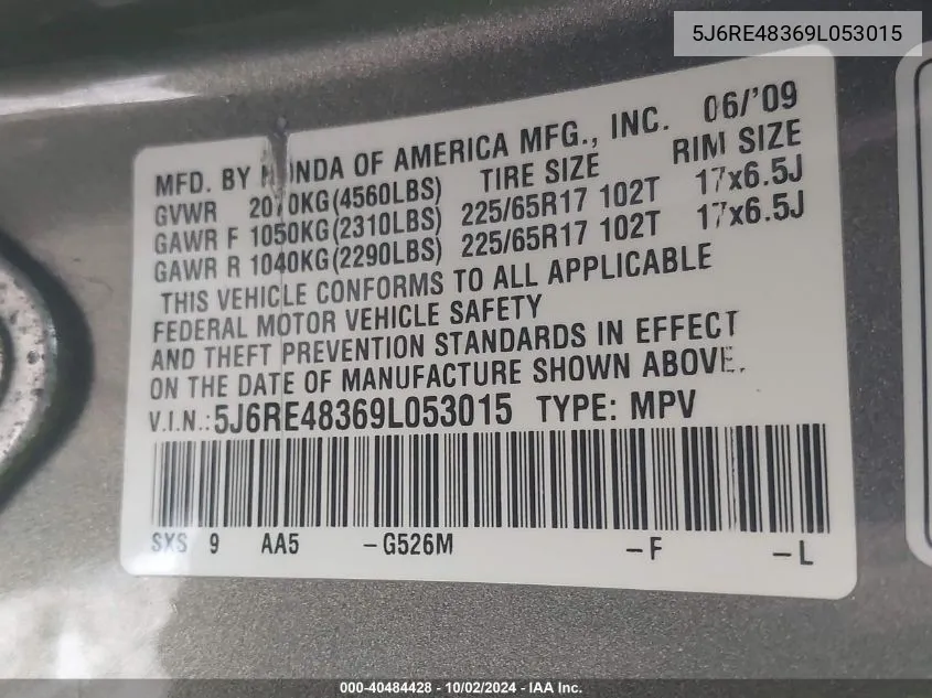 2009 Honda Cr-V Lx VIN: 5J6RE48369L053015 Lot: 40484428