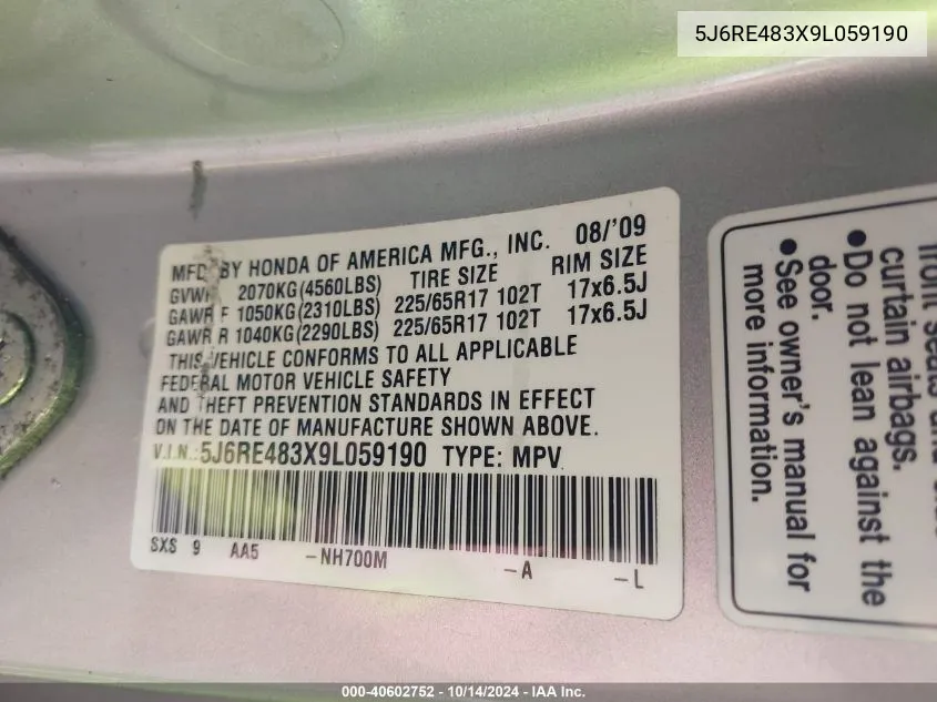 5J6RE483X9L059190 2009 Honda Cr-V Lx