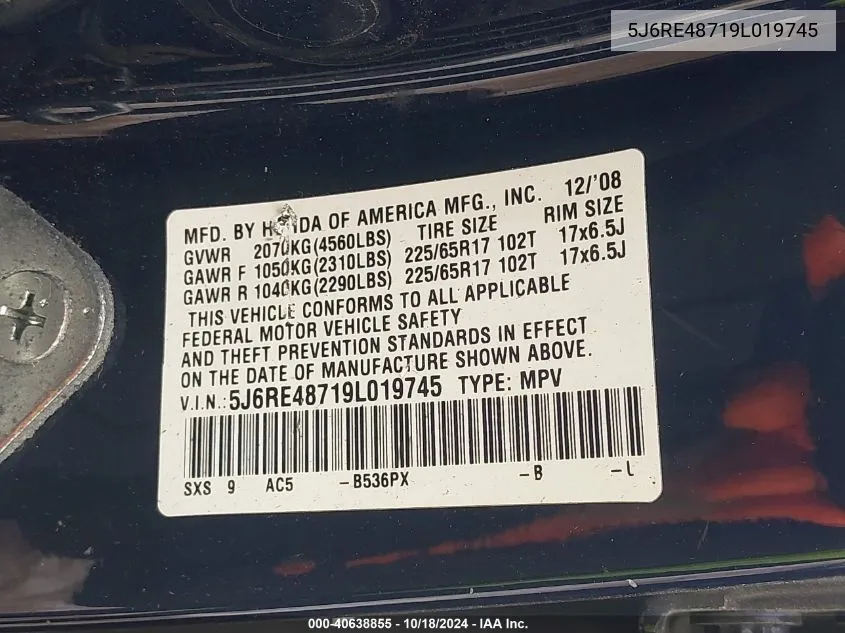 2009 Honda Cr-V Ex-L VIN: 5J6RE48719L019745 Lot: 40638855