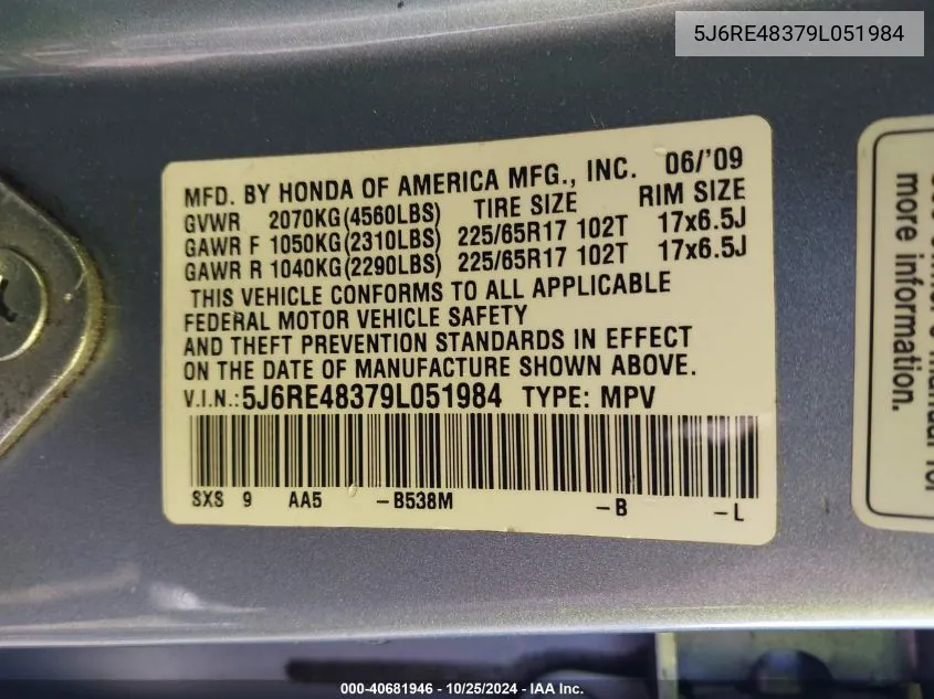 2009 Honda Cr-V Lx VIN: 5J6RE48379L051984 Lot: 40681946