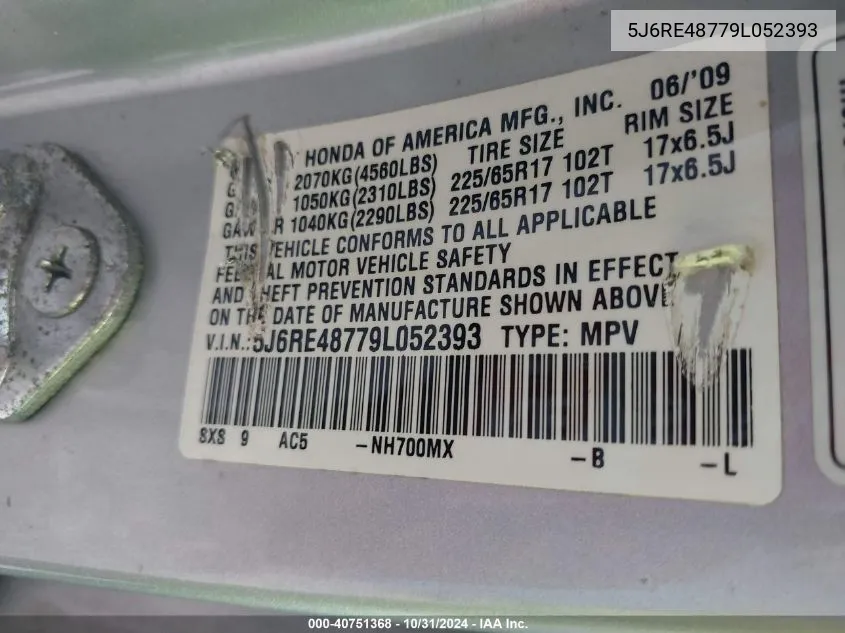 2009 Honda Cr-V Ex-L VIN: 5J6RE48779L052393 Lot: 40751368