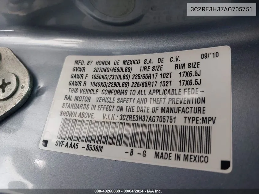 3CZRE3H37AG705751 2010 Honda Cr-V Lx