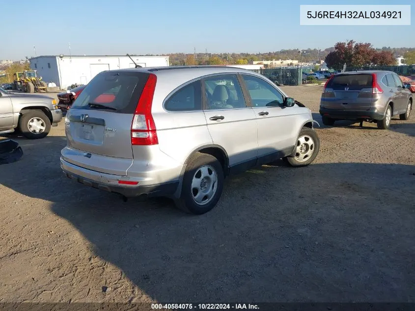 2010 Honda Cr-V Lx VIN: 5J6RE4H32AL034921 Lot: 40584075