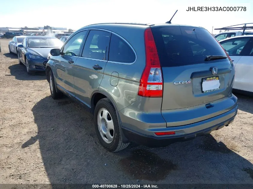 2010 Honda Cr-V Lx VIN: JHLRE3H33AC000778 Lot: 40700628