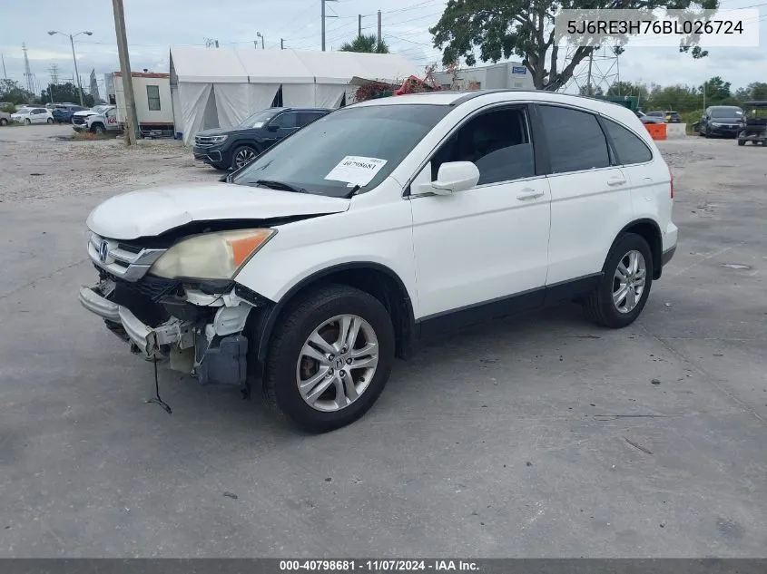 2011 Honda Cr-V Ex-L VIN: 5J6RE3H76BL026724 Lot: 40798681