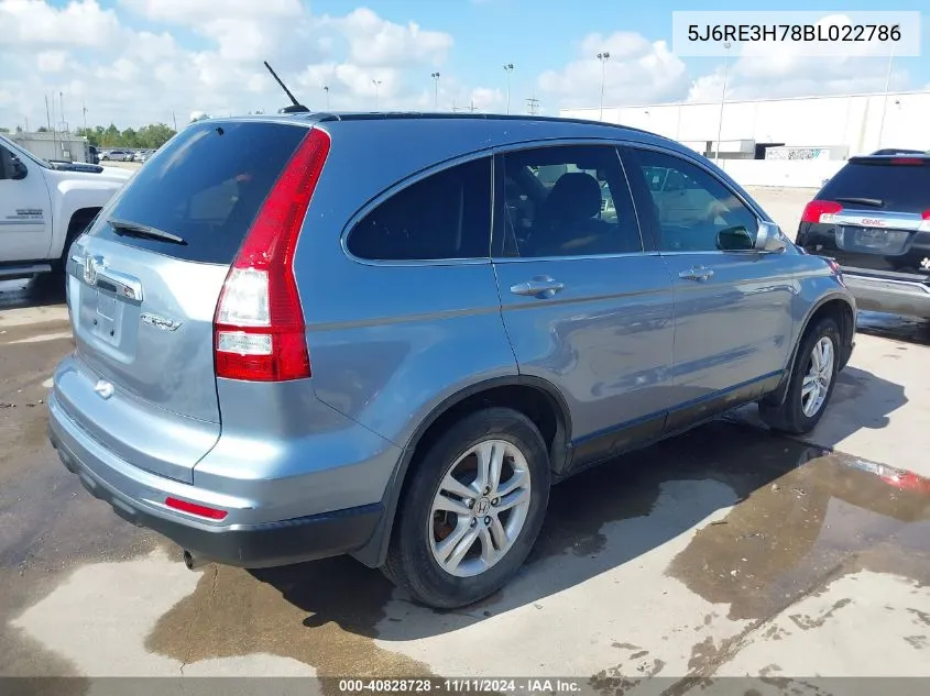 2011 Honda Cr-V Ex-L VIN: 5J6RE3H78BL022786 Lot: 40828728