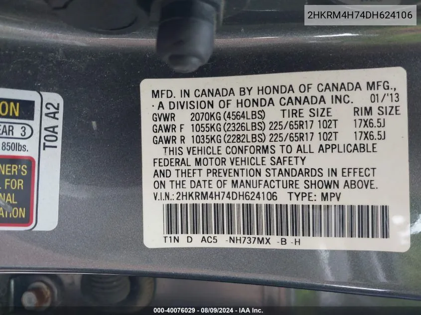 2HKRM4H74DH624106 2013 Honda Cr-V Ex-L