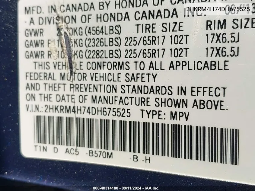 2HKRM4H74DH675525 2013 Honda Cr-V Exl