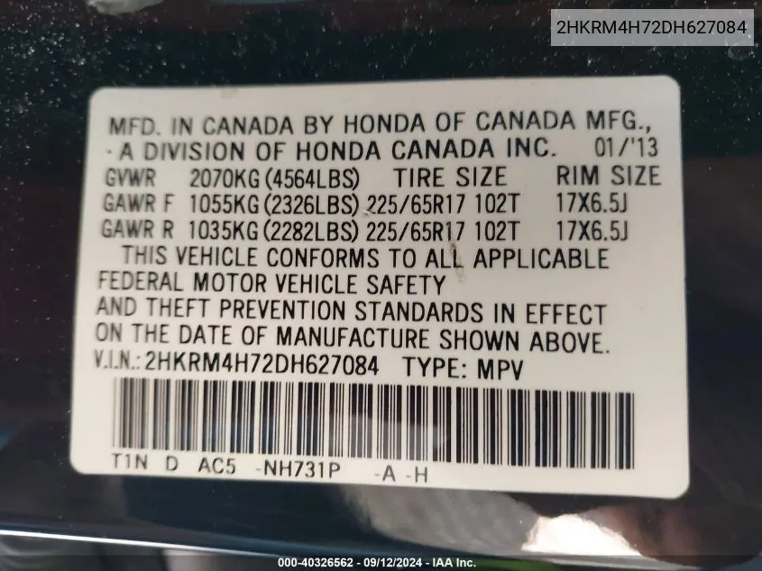 2HKRM4H72DH627084 2013 Honda Cr-V Exl