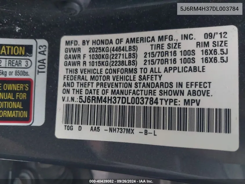 5J6RM4H37DL003784 2013 Honda Cr-V Lx