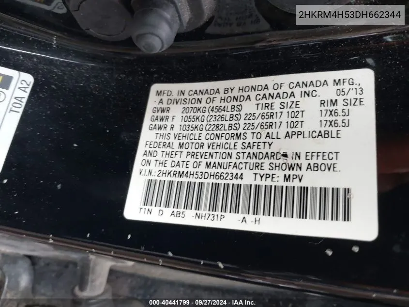 2HKRM4H53DH662344 2013 Honda Cr-V Ex