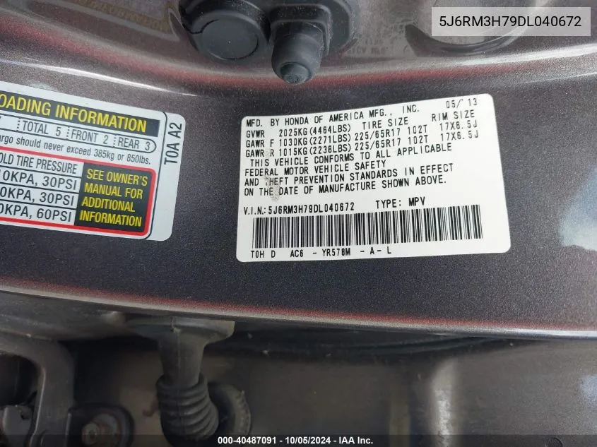 5J6RM3H79DL040672 2013 Honda Cr-V Exl