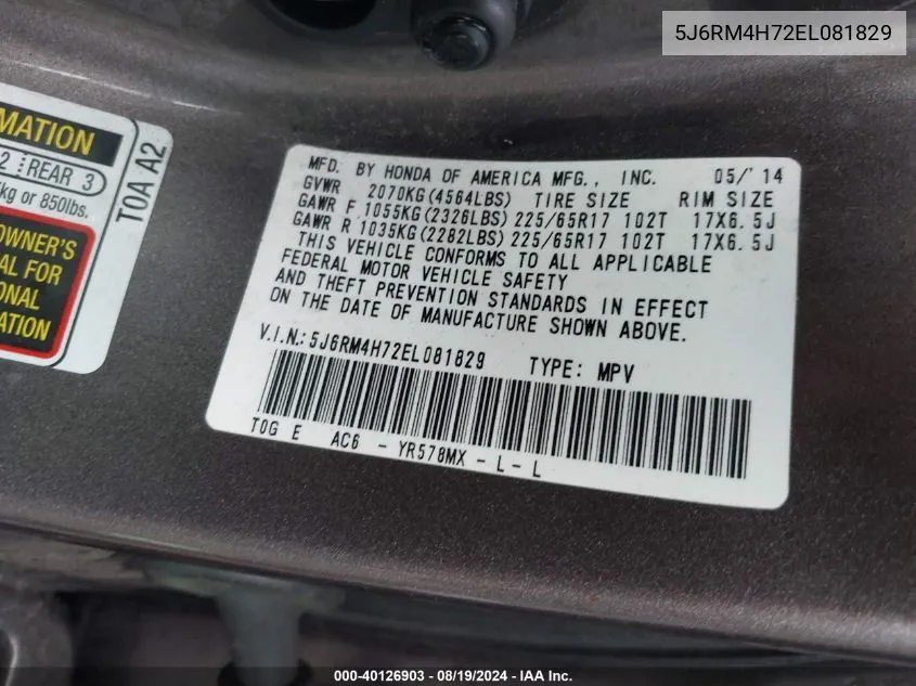 5J6RM4H72EL081829 2014 Honda Cr-V Ex-L