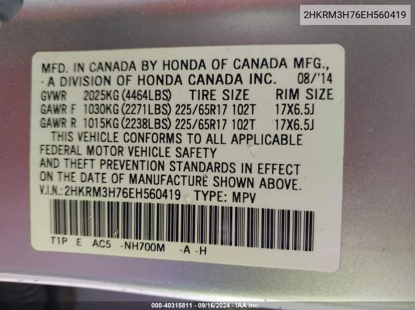 2HKRM3H76EH560419 2014 Honda Cr-V Exl