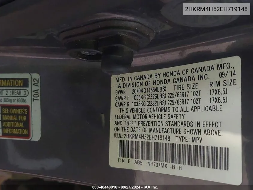 2HKRM4H52EH719148 2014 Honda Cr-V Ex