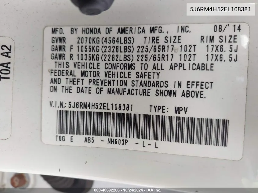 5J6RM4H52EL108381 2014 Honda Cr-V Ex