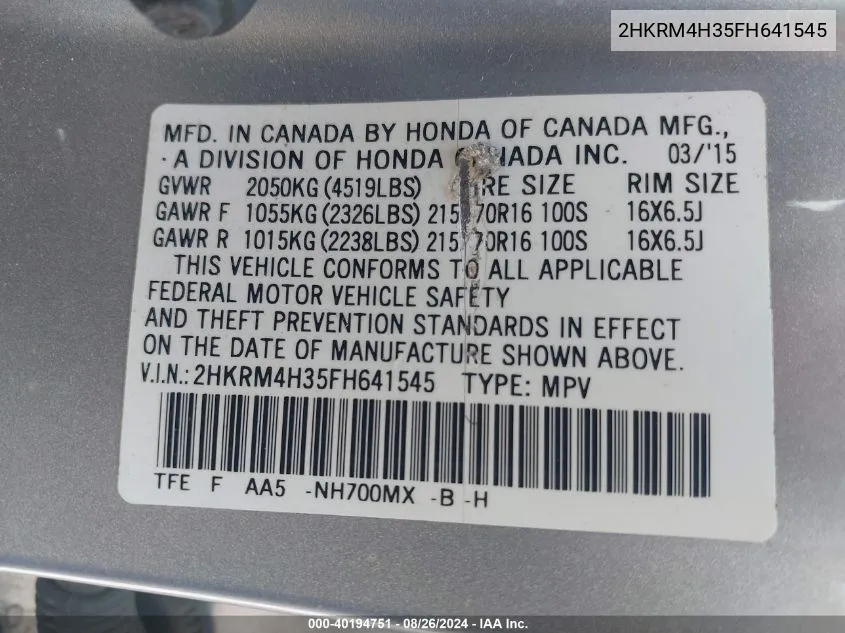 2HKRM4H35FH641545 2015 Honda Cr-V Lx