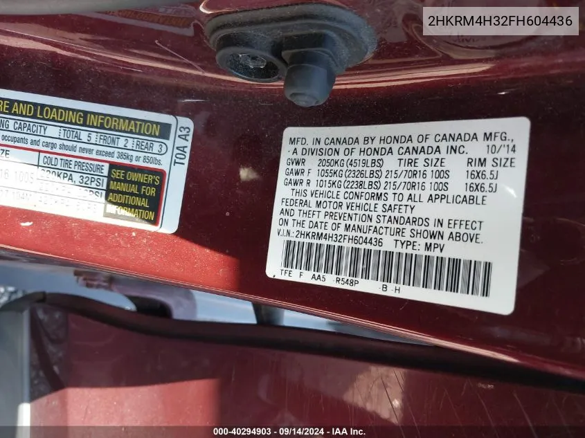 2HKRM4H32FH604436 2015 Honda Cr-V Lx