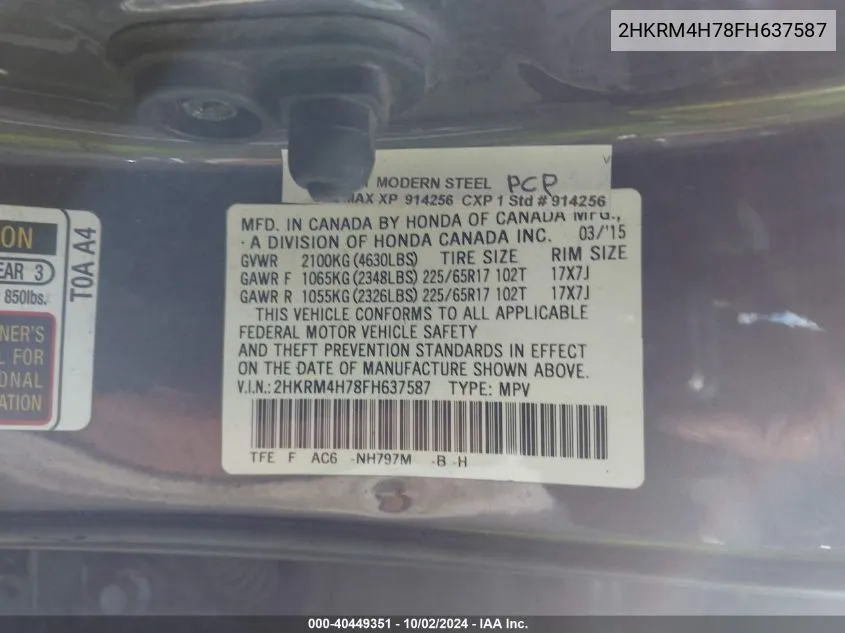 2HKRM4H78FH637587 2015 Honda Cr-V Ex-L