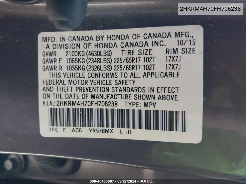 2HKRM4H70FH706238 2015 Honda Cr-V Ex-L