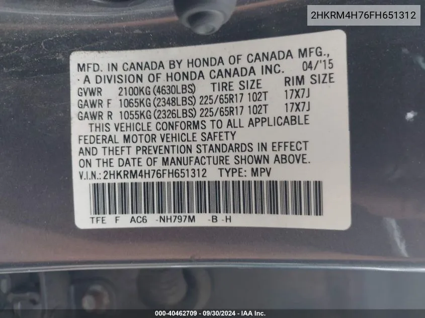 2HKRM4H76FH651312 2015 Honda Cr-V Ex-L